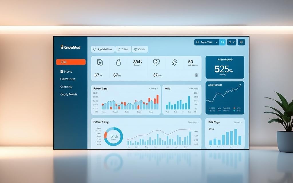 A sleek modern dashboard interface for the iKnowMed electronic health record EHR system. The