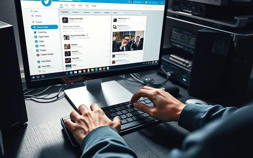 A sophisticated, high-tech desktop setup with a sleek, modern computer monitor displaying a detailed Twitter UI. In the foreground, a pair of hands deftly navigating through the interface, searching for a specific video to download. The lighting is crisp and directional, casting subtle shadows that accentuate the textures of the hardware. The camera angle is slightly elevated, providing a dynamic, bird's-eye view of the scene. The overall atmosphere is one of efficiency and professionalism, reflecting the "advanced techniques" theme of the article section.