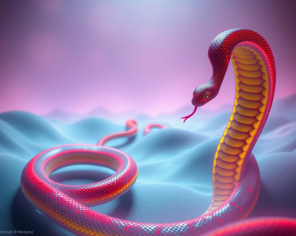 A surreal, mesmerizing scene of a hypnotically winding snake game that captivates the player. In the foreground, the snake twists and turns, its vibrant scales shimmering under soft, ambient lighting. The snake's movements are fluid and graceful, drawing the viewer into the addictive gameplay. In the middle ground, the game's basic yet captivating visuals are rendered in a minimalist, retro-inspired style, with simple shapes and colors that belie the game's compelling, almost trance-like quality. The background fades into a dreamlike, abstract landscape, hinting at the sense of timelessness and nostalgia that defines the enduring appeal of classic snake games.