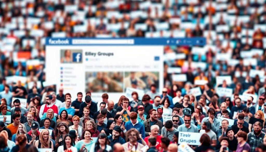 A vibrant, dynamic image of a Facebook Groups homepage. In the foreground, a collage of group icons and avatars, each representing a distinct community. The middle ground features a clean, intuitive user interface with navigation menus and search functionality. In the background, a blurred mosaic of group headers and descriptions, conveying the breadth and diversity of the platform. Soft, warm lighting casts a welcoming glow, and a subtle depth of field draws the viewer's attention to the key elements. The overall impression is one of an engaging, user-friendly social networking experience that empowers individuals to connect, discover, and participate in meaningful online communities.