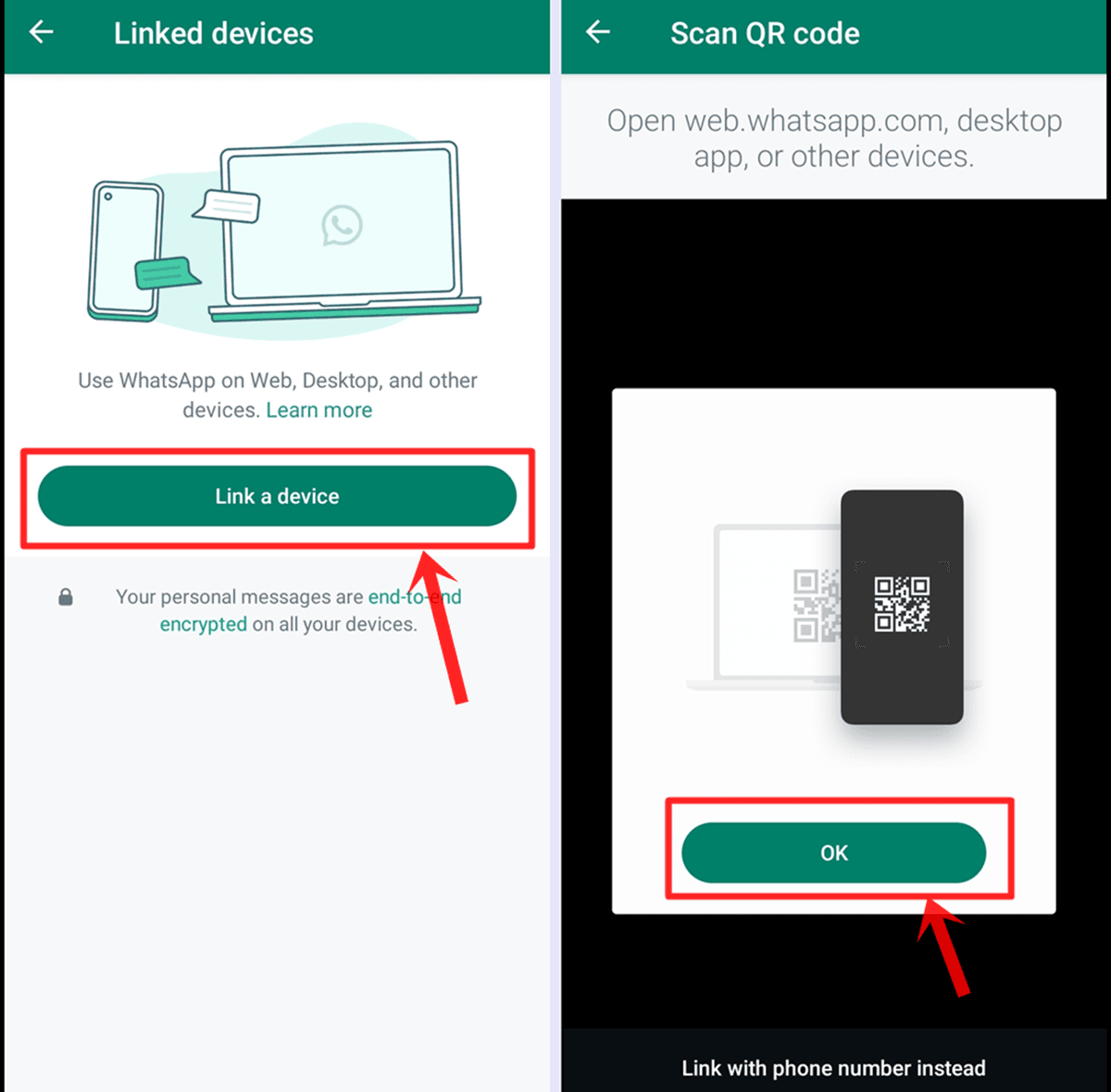 Link a New Device User tapping the ‘Link a Device’ button in WhatsApp to connect to WhatsApp Web.