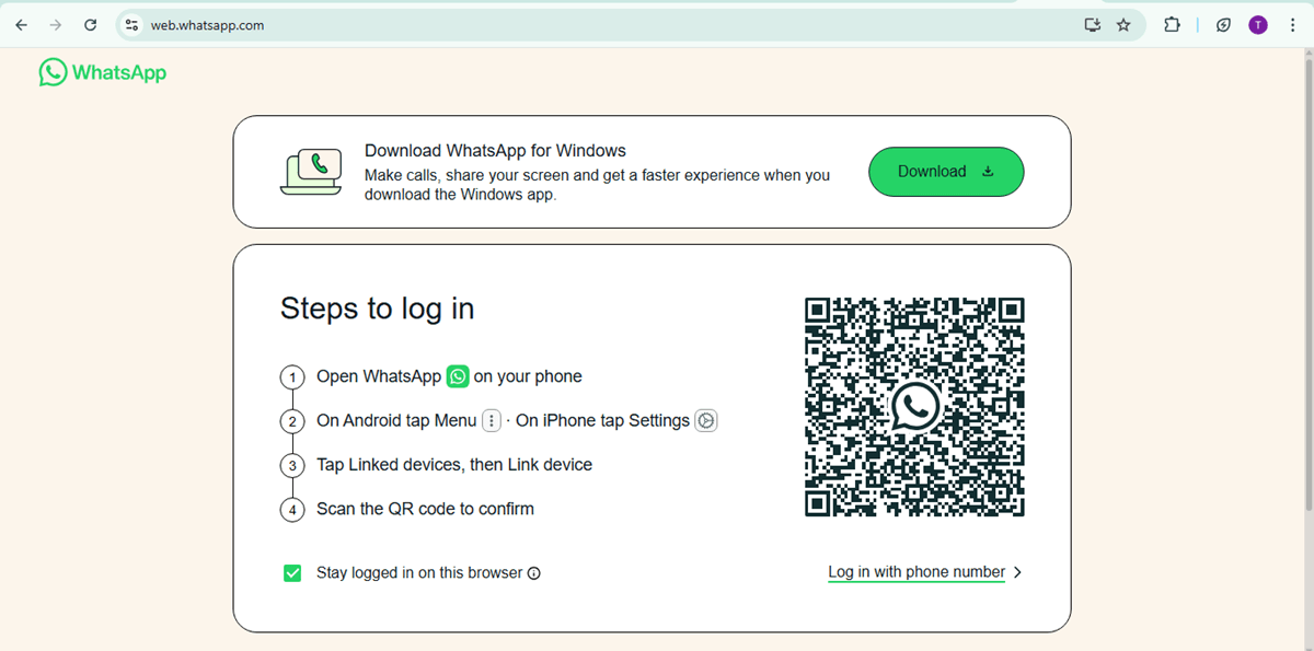 Open WhatsApp Web on Your Computer WhatsApp Web homepage displayed on a laptop browser with login QR code visible.