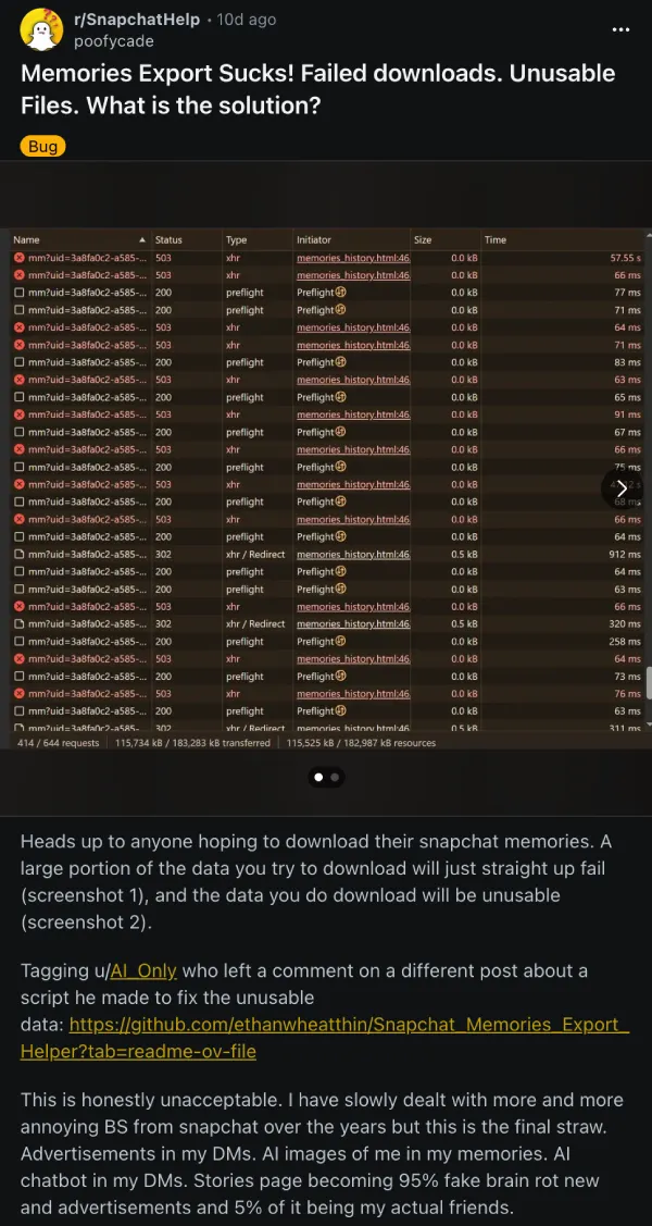 snapchat export failed complaint snapchat export failed complaint